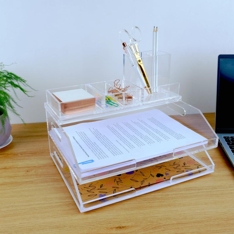 EXPUTRAN Clear Acrylic Desk Organizer 4-Piece Desk Kit + Free Complimentary Acrylic Ruler, Desktop Organization for Office or Home - Image 5
